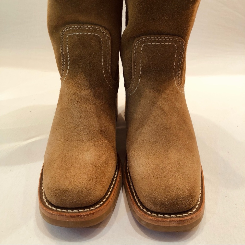 FRYE CAMPUS 12R Tan Mid Calf Suede Leather Boots Stacked wood heel Round toe 6.5 - Picture 7 of 15